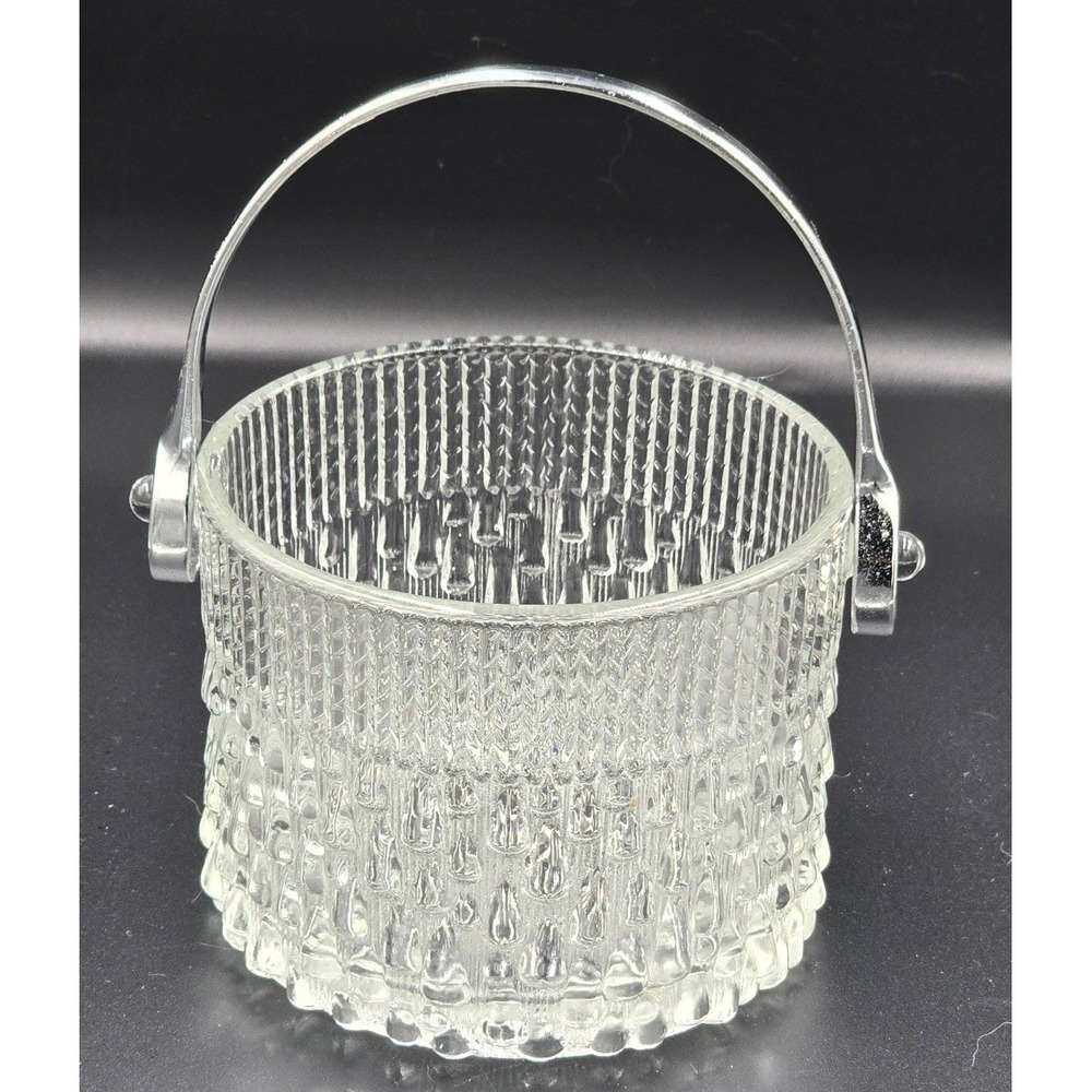 Vintage Teleflora Glass Ice Bucket Raindrop Pattern Chrome Swing Handle France